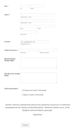Üyelik Kaydı Alma Formu PayPal Form Şablonu