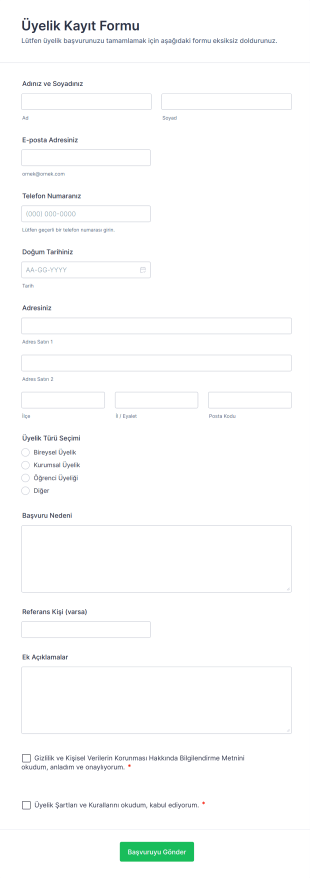 Üyelik Kayıt Form Şablonu