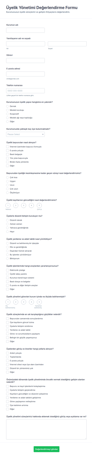Üyelik Yönetimi Değerlendirme Anketi Form Şablonu