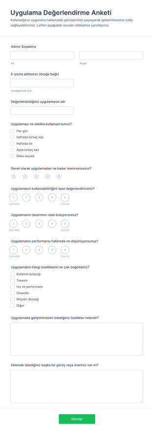 Uygulama Değerlendirme Anketi Form Şablonu