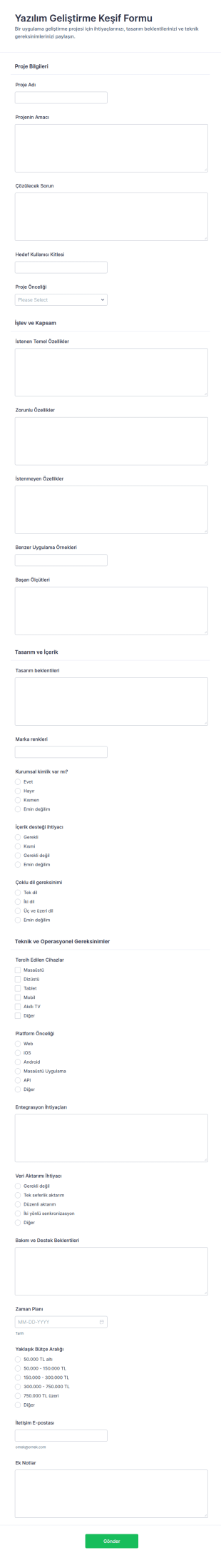 Uygulama Geliştirme Keşif Form Şablonu