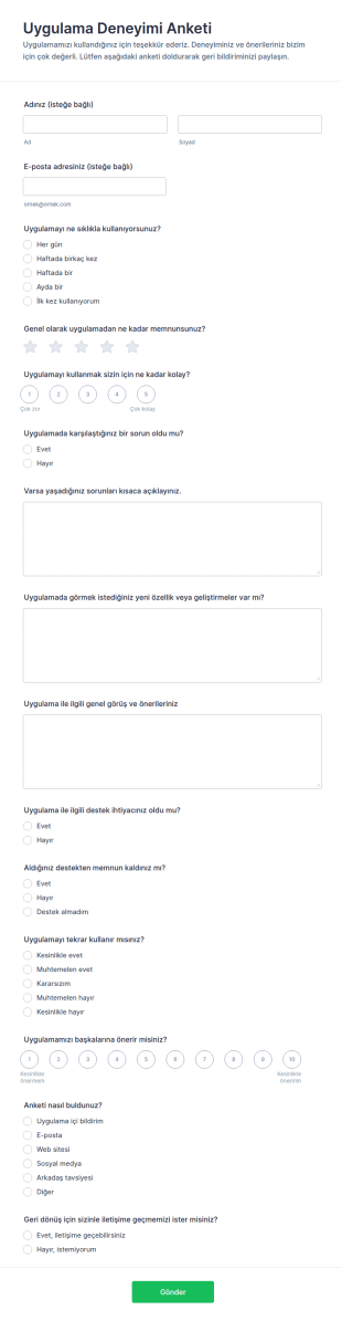 Uygulama Geri Bildirim Anketi Form Şablonu
