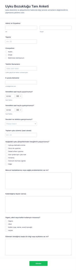 Uyku Bozukluğu Tanı Anketi Form Şablonu