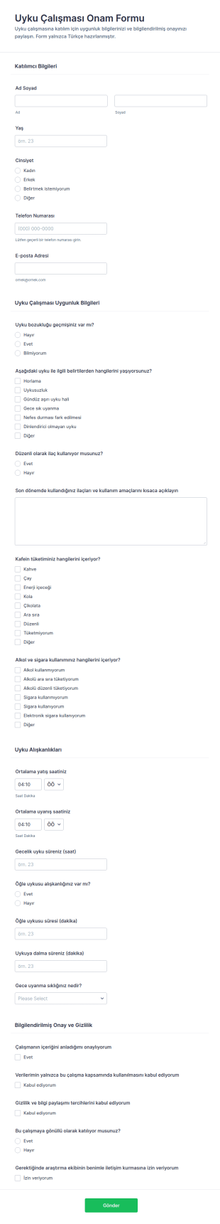 Uyku Çalışması Onay Form Şablonu