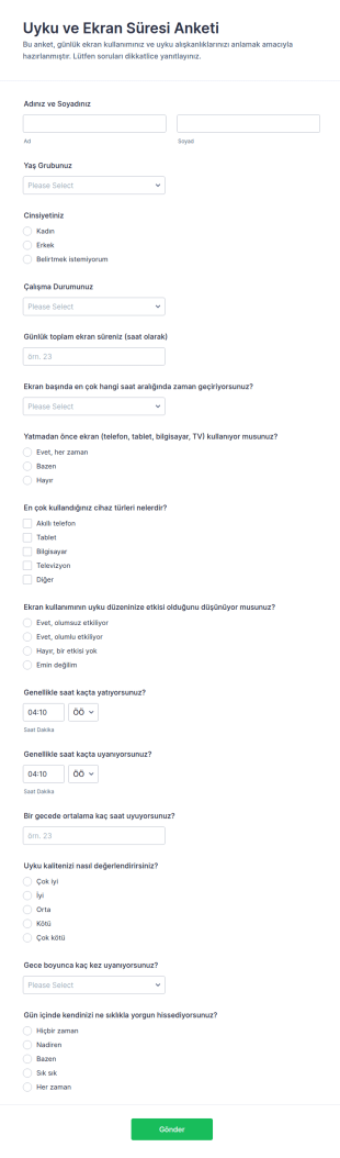 Uyku Ve Ekran Süresi Anketi Form Şablonu