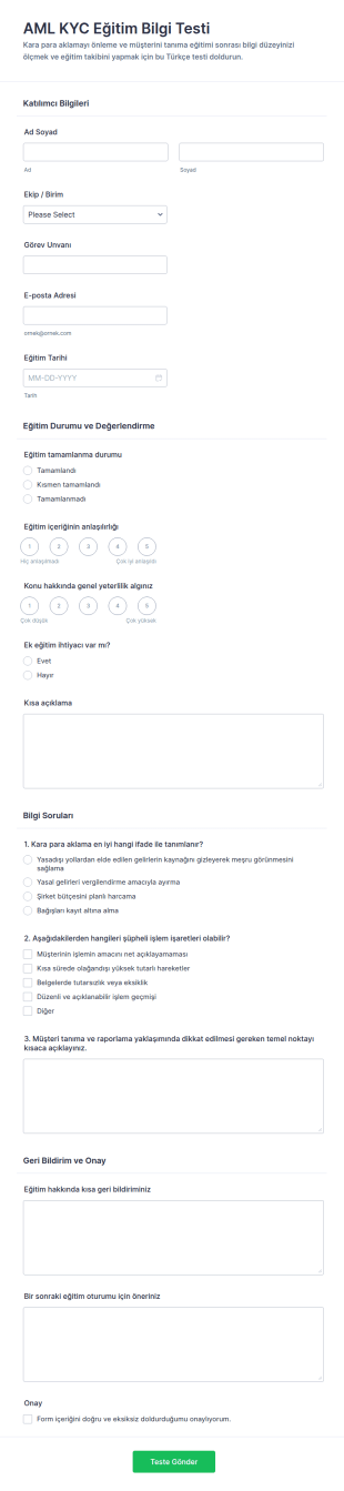 Uyum Ve Risk Farkındalığı Eğitim Sınavı Form Şablonu