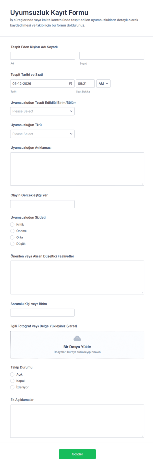 Uyumsuzluk Kayıt Form Şablonu
