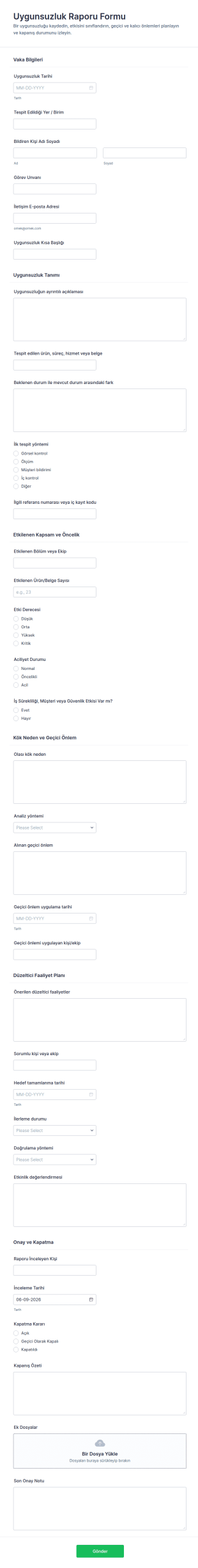 Uyumsuzluk Raporu Form Şablonu