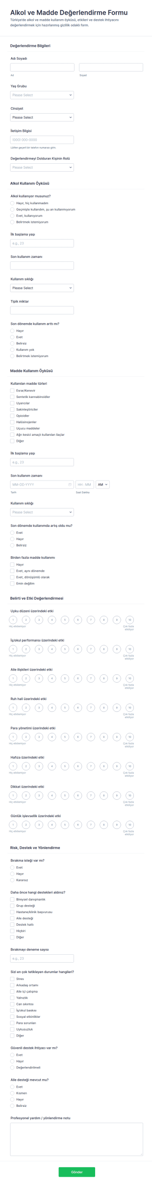 Uyuşturucu Ve Alkol Değerlendirme Anketi Form Şablonu