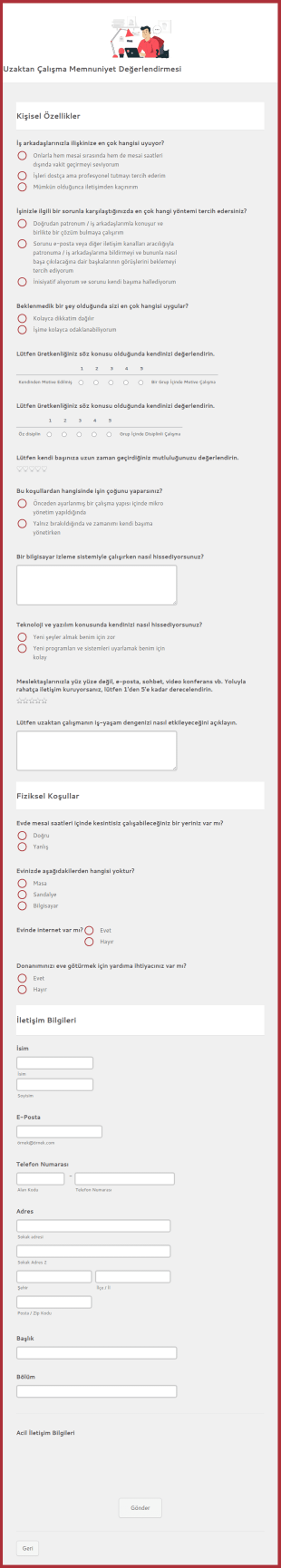 Uzaktan Çalışma Memnuniyet Değerlendirmesi Form Şablonu
