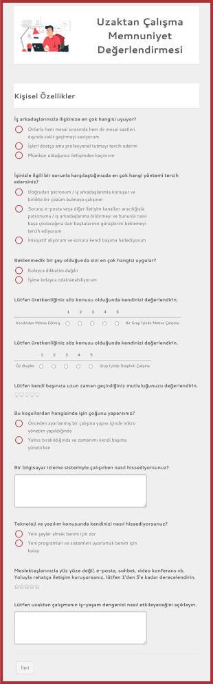 Uzaktan Çalışma Memnuniyet Değerlendirmesi Form Şablonu