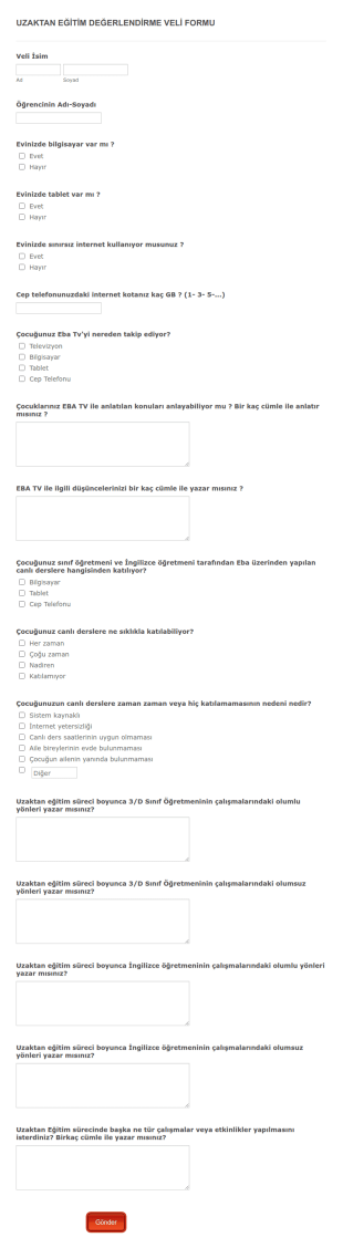 Uzaktan Eğitim Değerlendirme Veli Form Şablonu