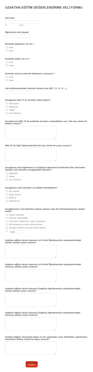 Uzaktan Eğitim Değerlendirme Veli Form Şablonu