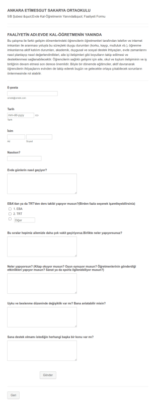 Uzaktan Eğitim Öğrenci Anketi Form Şablonu