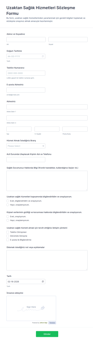 Uzaktan Sağlık Hizmetleri Sözleşme Form Şablonu