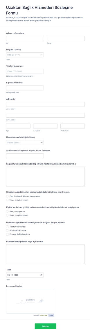 Uzaktan Sağlık Hizmetleri Sözleşme Form Şablonu