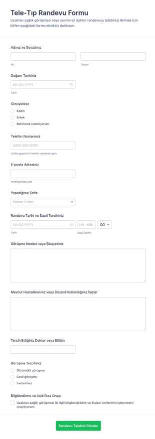Uzaktan Sağlık Randevu Form Şablonu