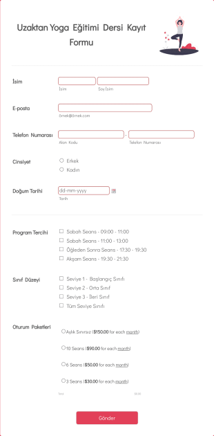 Uzaktan Yoga Eğitimi Dersi Kayıt Form Template