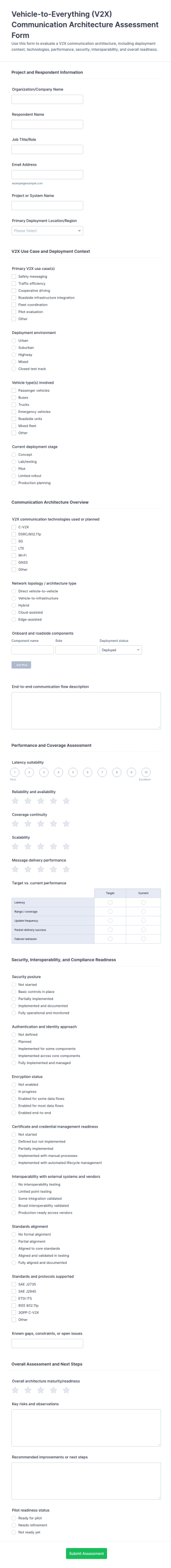 V2X Communication Architecture Assessment Form Template