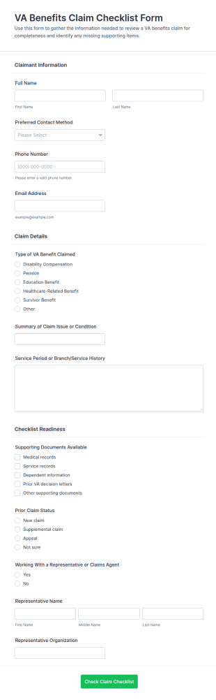 VA Benefits Claim Checklist Form Template