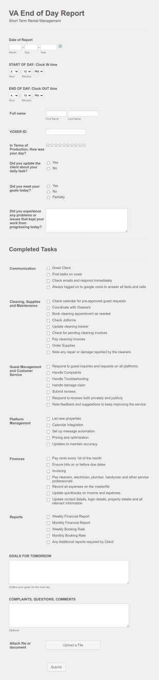 VA End Of Day Report Form Template