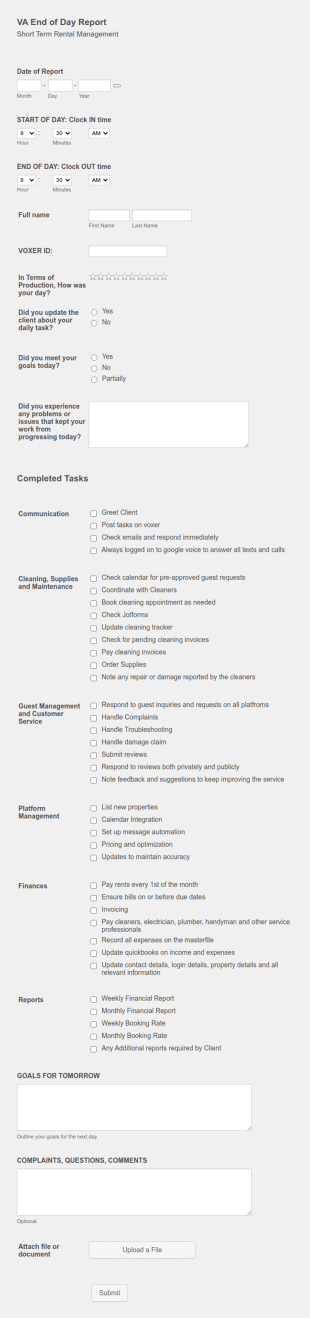 VA End Of Day Report Form Template