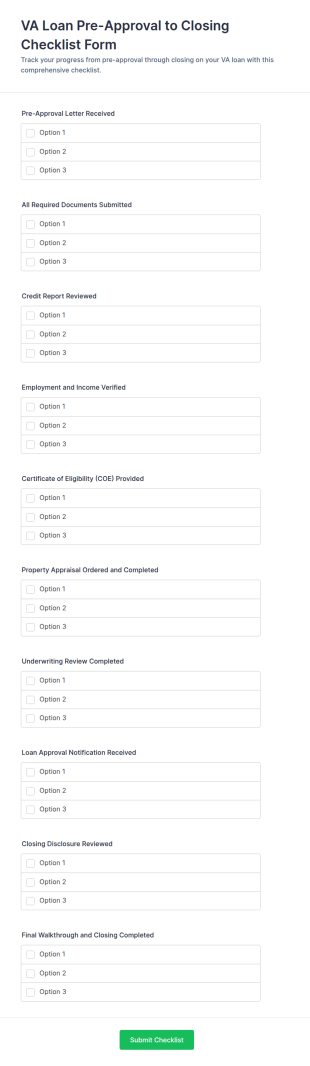 VA Loan Pre Approval To Closing Checklist Form Template