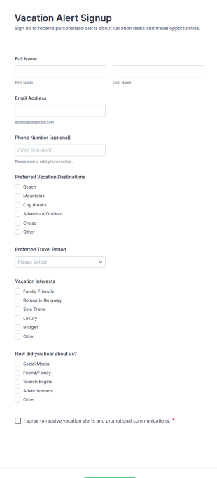 Vacation Alert Signup Form Template