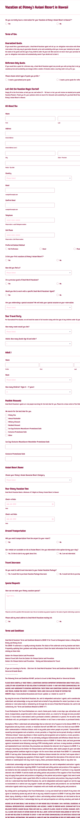 Disney’s Aulani Resort Vacation Quote Request Form Template