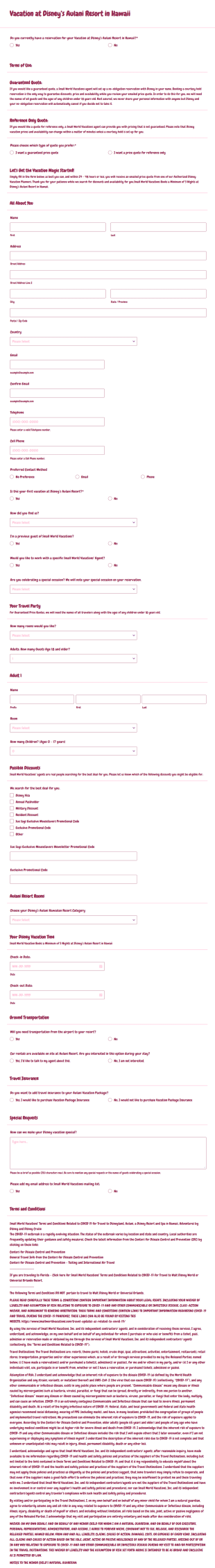 Disney’s Aulani Resort Vacation Quote Request Form Template