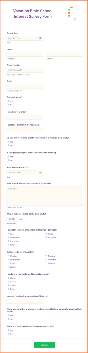Vacation Bible School Interest Survey Form Template