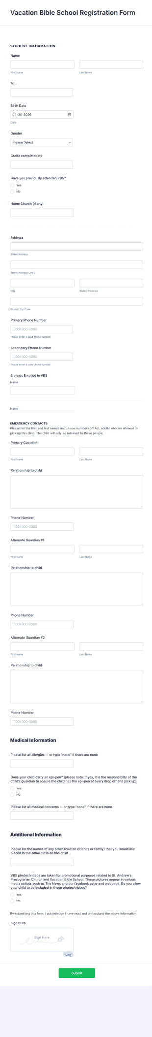 Vacation Bible School Registration Form Template