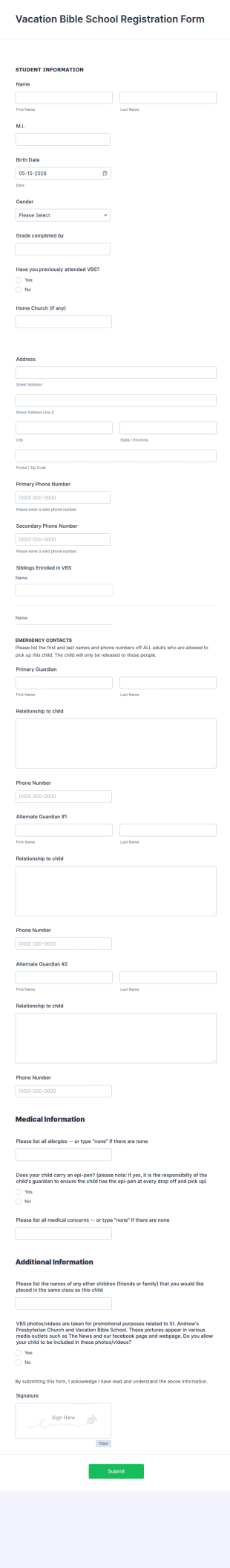 Vacation Bible School Registration Form Template