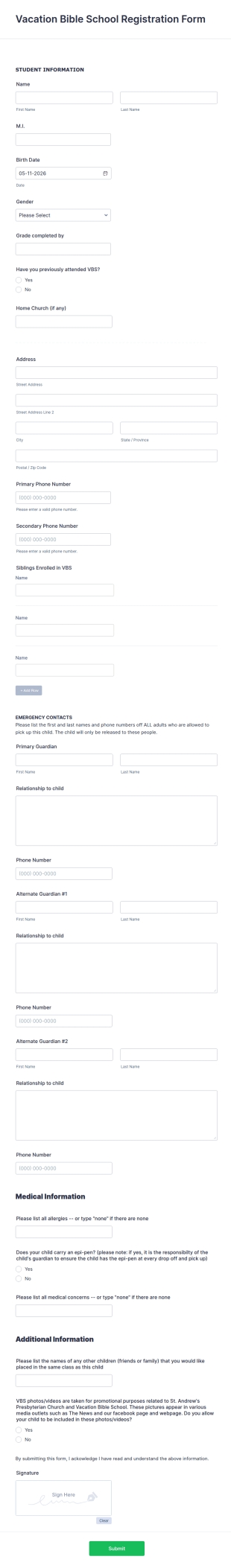 Vacation Bible School Registration Form Template