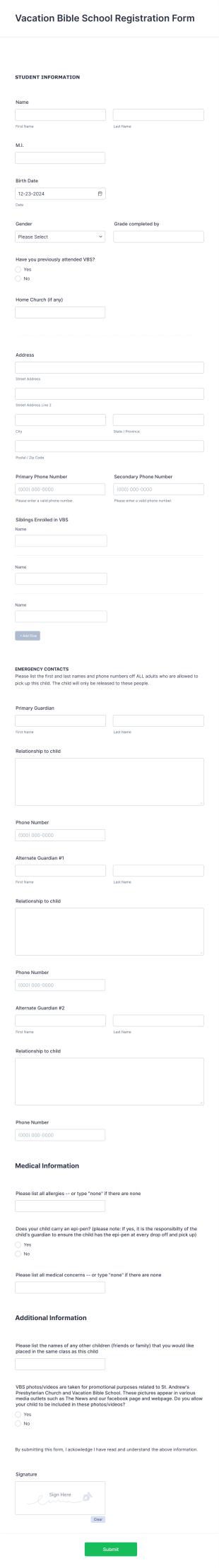 Vacation Bible School Registration Form Template
