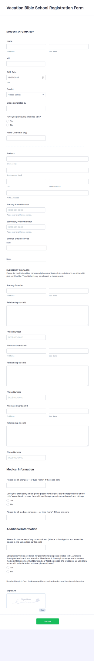 Vacation Bible School Registration Form Template