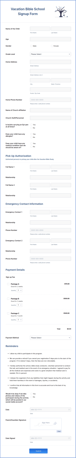 Vacation Bible School Signup Form Template