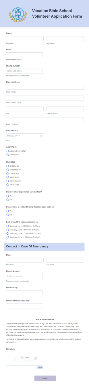 Vacation Bible School Volunteer Application Form Template