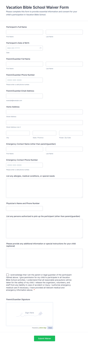 Vacation Bible School Waiver Form Template