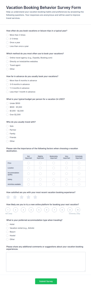 Vacation Booking Behavior Survey Form Template
