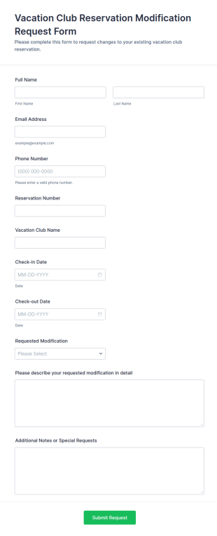 Vacation Club Reservation Modification Request Form Template