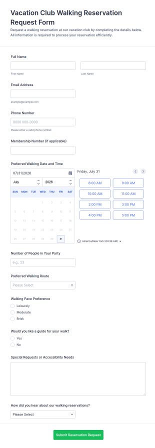 Vacation Club Walking Reservation Form Template