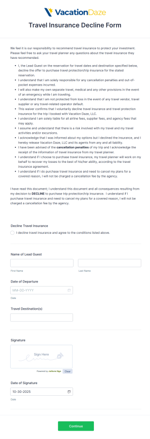 Travel Insurance Decline Form Template