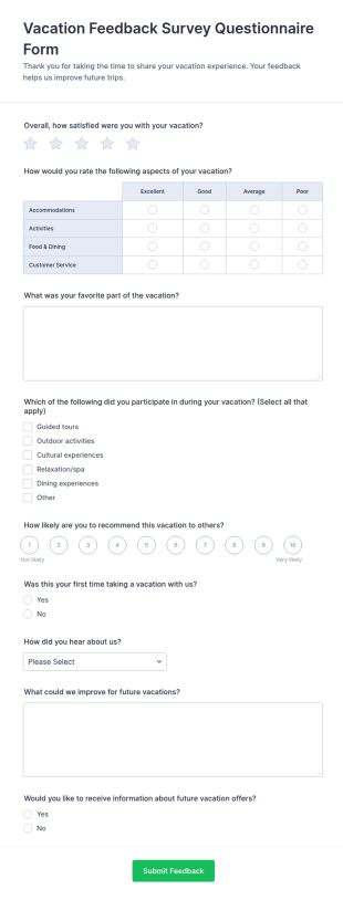 Vacation Feedback Survey Questionnaire Form Template