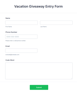 Vacation Giveaway Entry Form Template