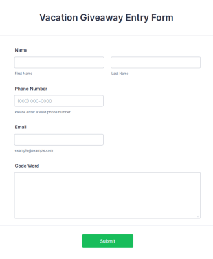 Vacation Giveaway Entry Form Template