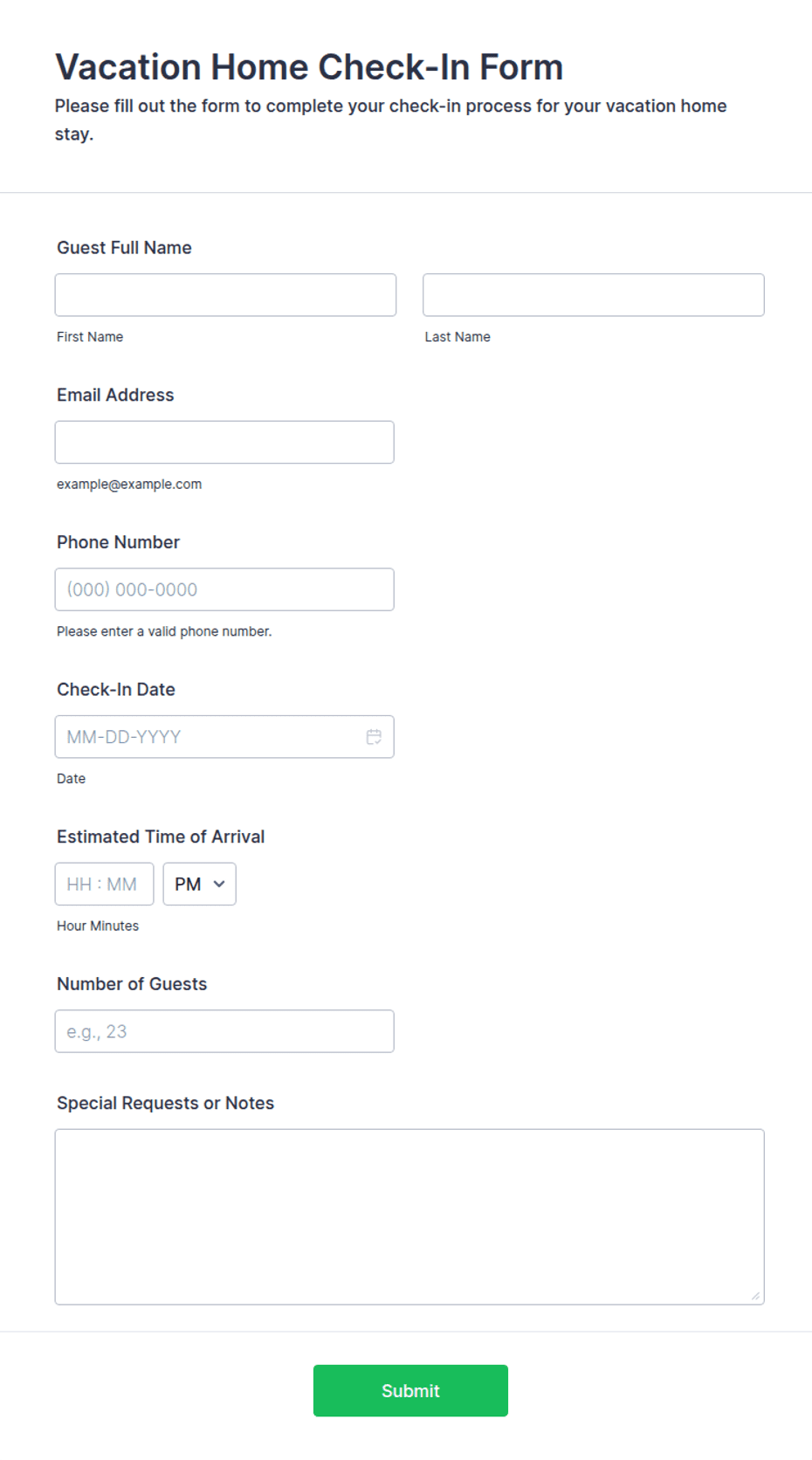 Easy Check In Form Vacation Home Check-In Form Template | Jotform