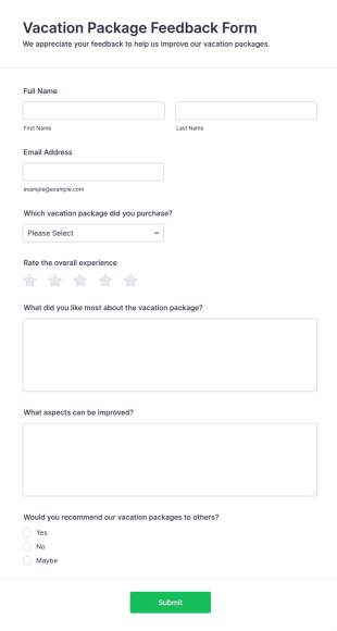 Vacation Package Feedback Form Template