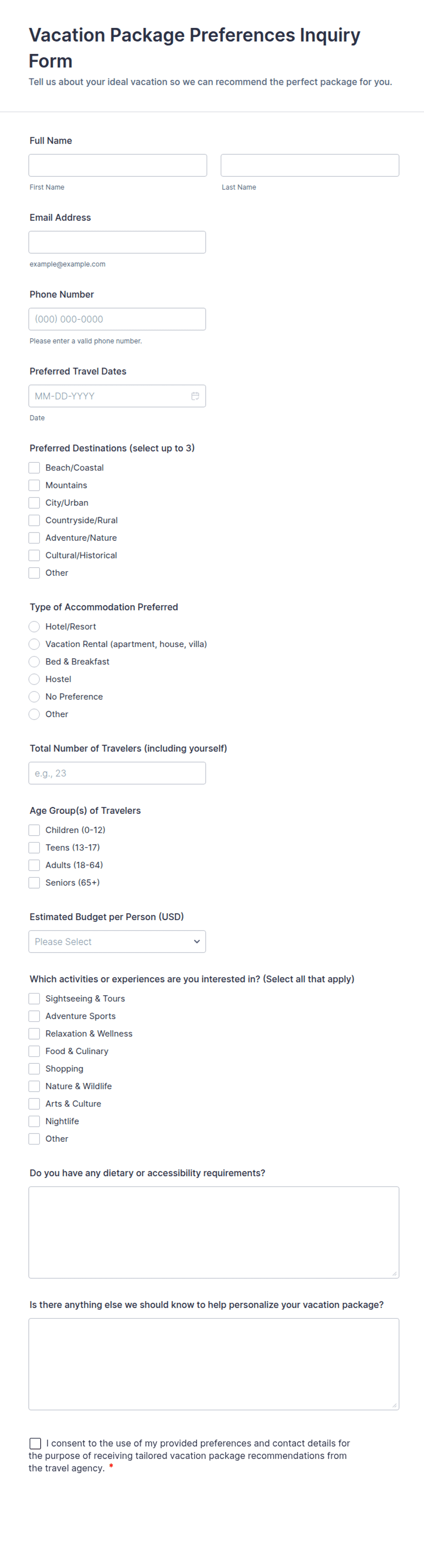 Vacation Package Preferences Inquiry Form Template | Jotform