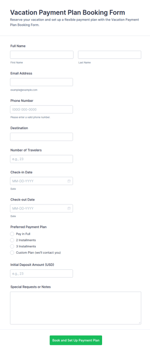 Vacation Payment Plan Booking Form Template